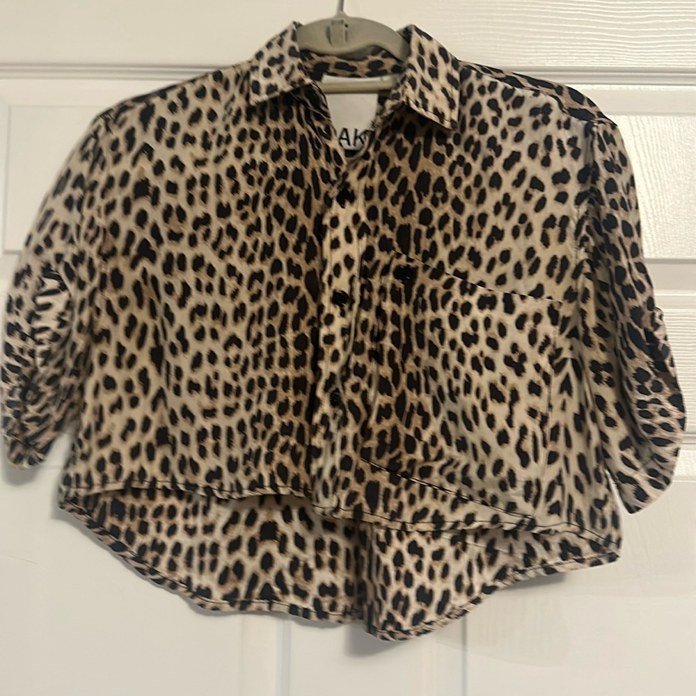 OAK leopard print silk cropped top, Sz Xsmall